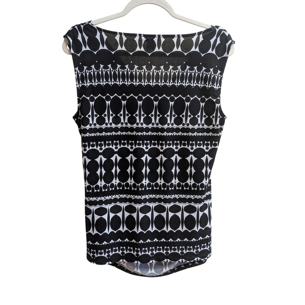 Ann Taylor Women Tank Top M Black White Geometric Cowl Neck Ruched Sides Fitted - Picture 3 of 6